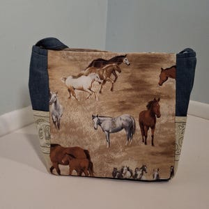 WILD HORSES SHOULDER Purse Handbag made with cotton fabric and a bit of upcycled denim