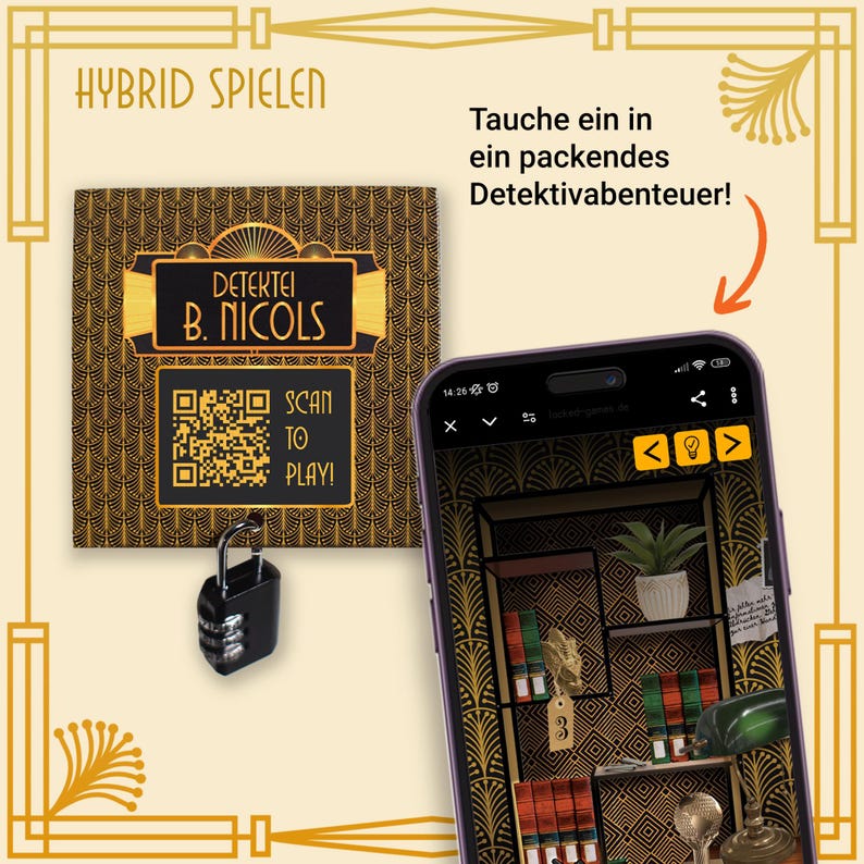 May include: An image promoting a detective game, featuring a combination lock, a QR code, and a smartphone displaying a game interface. The text on the card reads "DETEKTEI B. NICOLS" and "SCAN TO PLAY!"