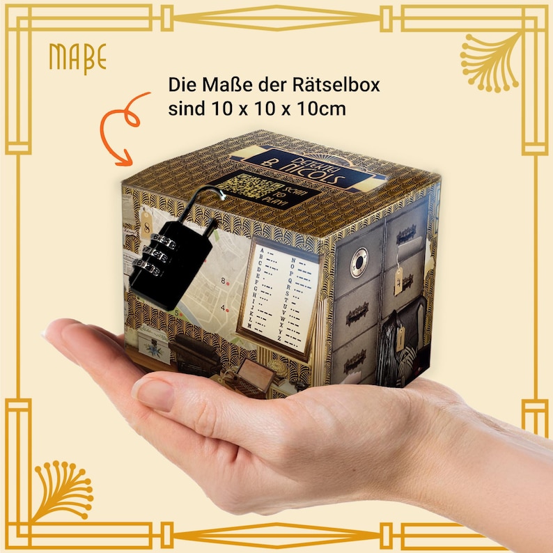 May include: A puzzle box with a combination lock, held in a hand. The box is decorated with a vintage design, featuring a map, drawers, and the text "Die Ma&szlig;e der R&auml;tselbox sind 10 x 10 x 10cm". The box measures approximately 3.9 x 3.9 x 3.9 inches.