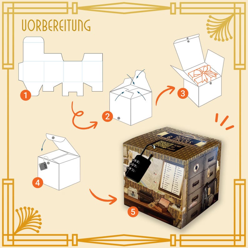 May include: A step-by-step guide for assembling a decorative box. The instructions show how to fold the box, add a gift, and secure it with a combination lock. The finished box has a vintage design with a combination lock.