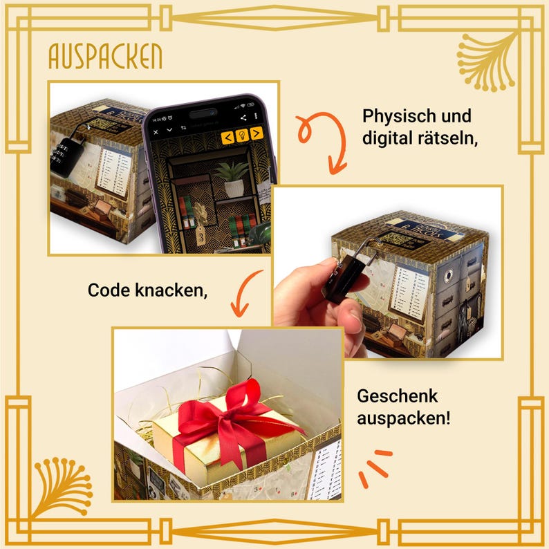 May include: A multi-panel image showcasing a puzzle box with a combination lock, a smartphone displaying a related digital puzzle, and a gift box with a red ribbon. Text includes "AUSPACKEN", "Code knacken", "Physisch und digital r&auml;tseln", and "Geschenk auspacken!"