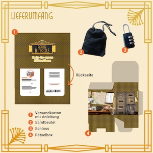 May include: An image of a detective-themed puzzle box set. The set includes a brown box with a gold art deco design, a black drawstring bag, and a combination lock. The box is labeled with the text "DETEKTEI B. NICOLS".