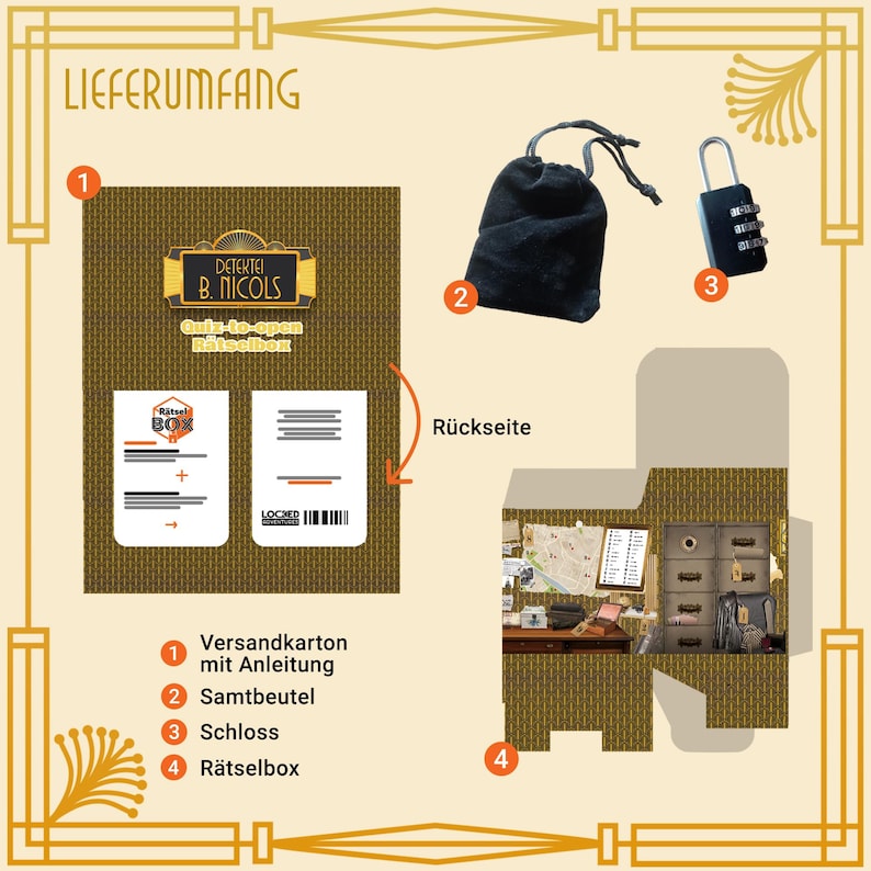 May include: An image of a detective-themed puzzle box set. The set includes a brown box with a gold art deco design, a black drawstring bag, and a combination lock. The box is labeled with the text "DETEKTEI B. NICOLS".