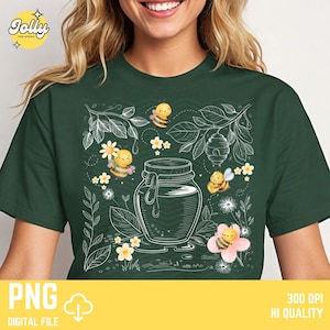 May include: Dark green t-shirt featuring a whimsical illustration of bees, flowers, and a honey jar. The design includes a honey jar with dripping honey, bees, flowers, and a beehive. The shirt has the text "PNG DIGITAL FILE" and "300 DPI HI QUALITY".