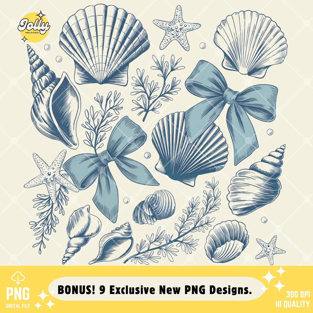 Coastal Clipart Bundle | Nautical Seashell & Bow Pngs | Vintage Ocean ...