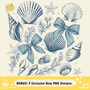 May include: Digital illustration of various seashells, starfish, and bows in shades of blue and white. The image includes a variety of shell shapes and sizes, along with sprigs of seaweed. Text at the bottom reads "BONUS! 9 Exclusive New PNG Designs."