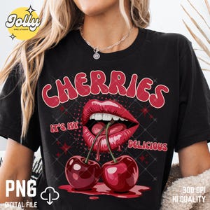 Cherries It's My Delicious Printable T-Shirt Design | Retro Lips & Cherries Aesthetic | Instant Digital Download