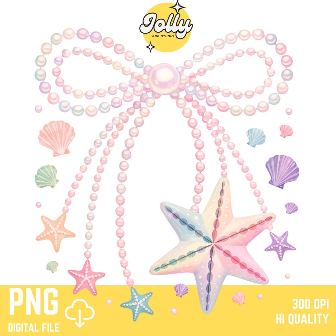 Coquette Pearl Bow PNG Clipart, Kawaii Starfish and Seashells, Pastel ...