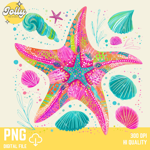 Puede incluir: Ilustración digital colorida con una estrella de mar, conchas marinas y plantas acuáticas. La estrella de mar, con patrones rosas, naranjas y verdes, es el elemento central. Incluye el texto "PNG DIGITAL FILE" y "300 DPI HI QUALITY".
