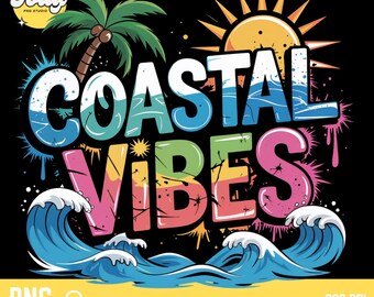 Coastal Vibes PNG, Retro Beach Sublimation Design for Summer T-Shirts, Palm Tree Wave Sun Clipart Download