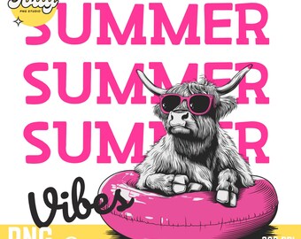 Highland Cow Summer PNG | Funny Sublimation Design | Cute Cow in Floatie Clipart | Retro Summer Vibes Digital Download