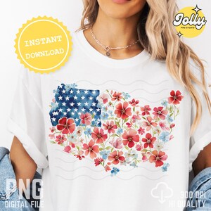 Carte patriotique des Etats-Unis florale PNG - Clipart fleur drapeau américain pour le 4 juillet, T-shirt fête de l'indépendance, scrapbooking, téléchargement immédiat