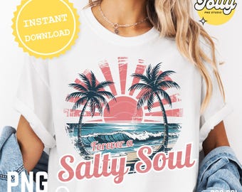Salty Soul PNG, Beach Sublimation Design, Retro Sunset Palm Trees Clipart, Coastal Digital Download, Ocean Surf T-Shirt Design