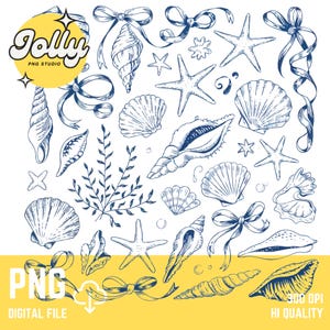 Peut inclure: Un ensemble d'illustrations numériques de haute qualité de 300 DPI de coquillages, d'étoiles de mer, d'algues et de nœuds en bleu et blanc sur un fond blanc. Le texte "Jolly PNG Studio" est dans un cercle jaune en haut à gauche de l'image. Le texte "PNG DIGITAL FILE" est dans un rectangle jaune en bas à gauche de l'image. Le texte "300 DPI HI QUALITY" est dans un rectangle jaune en bas à droite de l'image.