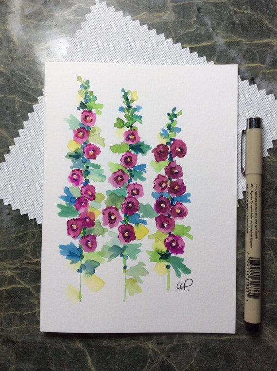 Old Fashioned Hollyhocks Watercolor Card Hand Painted Watercolor Card Original Art