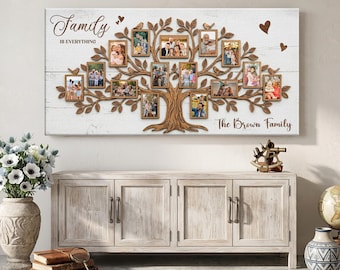 May include: A rectangular wall canvas featuring a brown illustrated tree with multiple rectangular photo frames hanging from its branches. The text Family IS EVERYTHING is printed on the left, and The Brown Family is printed on the right.