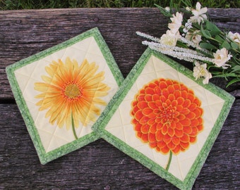 Summer Blooms Quilted Mug Rugs - set of 2 - Flower Mug Rug