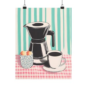 Pôster fosco de natureza morta com café, bule e xícara, arte de parede para cozinha, pôster vertical fosco