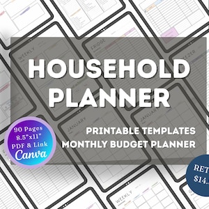Puede incluir: Un planificador doméstico digital con múltiples plantillas, incluidos diseños semanales y mensuales. El planificador mide 21,6 cm x 27,9 cm e incluye 90 páginas. El diseño presenta el texto "Household Planner" y "Printable Templates".