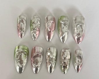 Green and pink silver chrome textured press on nails