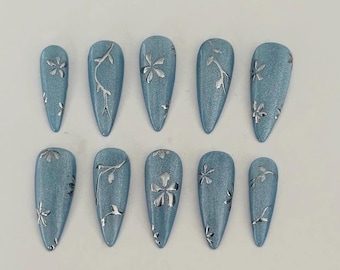 Blue Cat Eye Press On Nails: Silver Chrome Floral Design