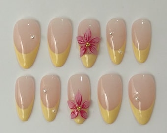 Butter yellow pink 3d flower spring fake press on nails