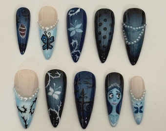 Corpse bride halloween blue black and white press on nails