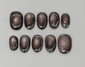 Dark brown cat eye and silver chrome press on nails