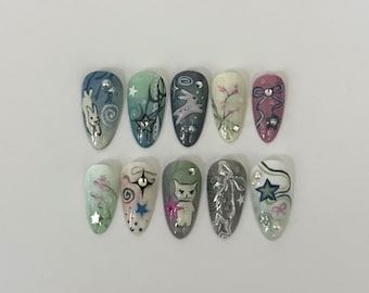 Bunny cat sketch doodle pastel press on nails