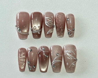 Pink and peach fairy butterfly cat eye glittery rhinestone press on nails