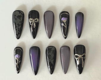 Vampire gothic Halloween press on fake nails - purple and black cat eye press ons