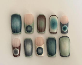 Handmade Aura Nails – Brown, Teal, and Green French Tips