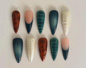Autumn fall press on false nails - teal tortoiseshell crocodile print shell design