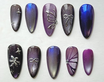 Purple iridescent aurora aura butterfly cat eye press on nails
