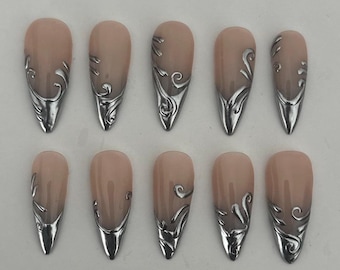 Silver French Tip Press On Nails – Swirl Design Metallic Style