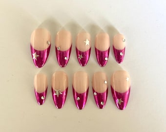 Pink chrome French tips with stars press on nails