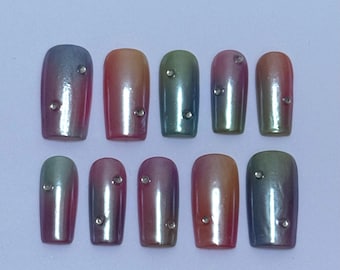 Rainbow colourful ombré aura chrome press on nails