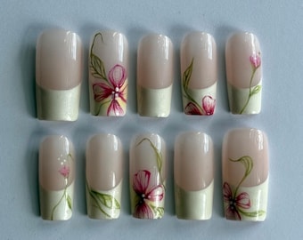 French tip flower design spring press on nails