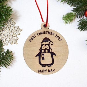 Babies First Christmas Bauble, Personalised 1st Xmas Penguin Tree Decoration, Xmas 2025 Engraved Wooden Ornament, Santa Gift Decor Present