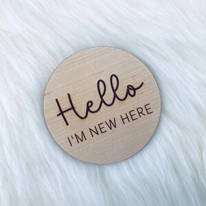 New Baby Arrival Sign, Hello World Wooden Birth Announcement Disc, Social Media Photo Prop plaque