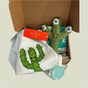 Cactus Baby Gift Box – Organic Cotton Bodysuit & Rattle | Unisex New Baby Gift | Eco-Friendly Baby Shower Present | 3–6 Months