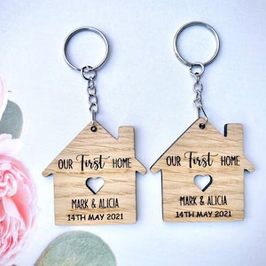 Personalised Oak Veneer First Home Keyring - New House Gift.
