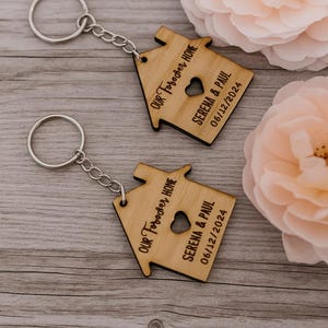 Personalized Oak Veneer Forever Home Keyring: New Home Gift.