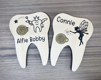 Personalised Wooden Tooth Fairy Gift, Engraved Pound Coin Holder, Lost Tooth gift. My first tooth.