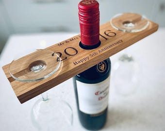Personalised Wooden Wine Glass & Bottle Holder, Wooden Anniversary Gift, Wedding Present For Couples, Engraved Bottle Butler, Mr and Mrs