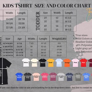 The image is a children's t-shirt size and color chart, providing a visual guide for selecting the appropriate size and color based on the child's age and gender.