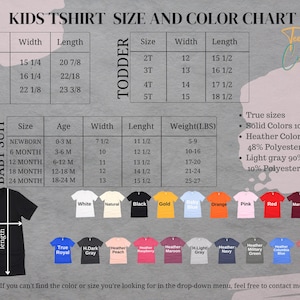 The image is a children's t-shirt size and color chart, providing a visual guide for selecting the appropriate size and color based on the child's age and gender.