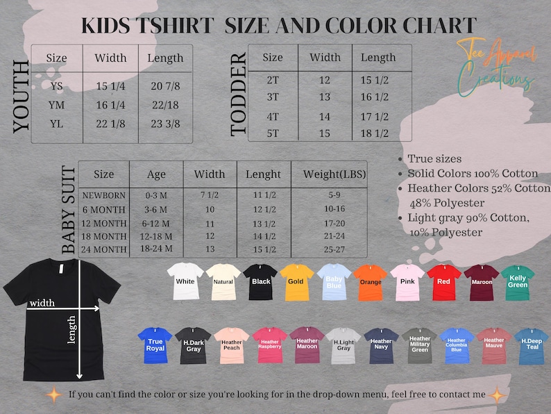 The image is a children's t-shirt size and color chart, providing a visual guide for selecting the appropriate size and color based on the child's age and gender.