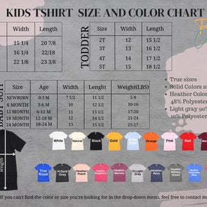 The image is a children's t-shirt size and color chart, providing a visual guide for selecting the appropriate size and color based on the child's age and gender.