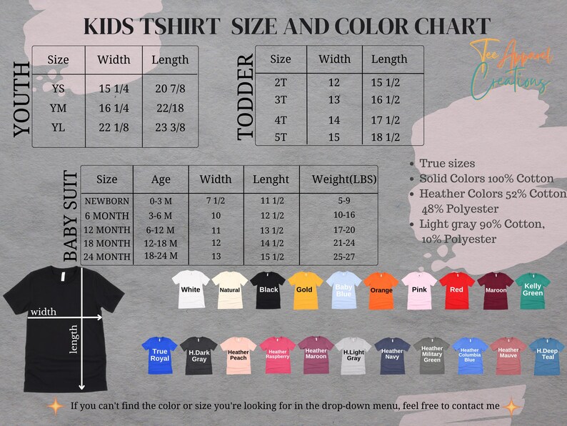 The image is a children's t-shirt size and color chart, providing a visual guide for selecting the appropriate size and color based on the child's age and gender.